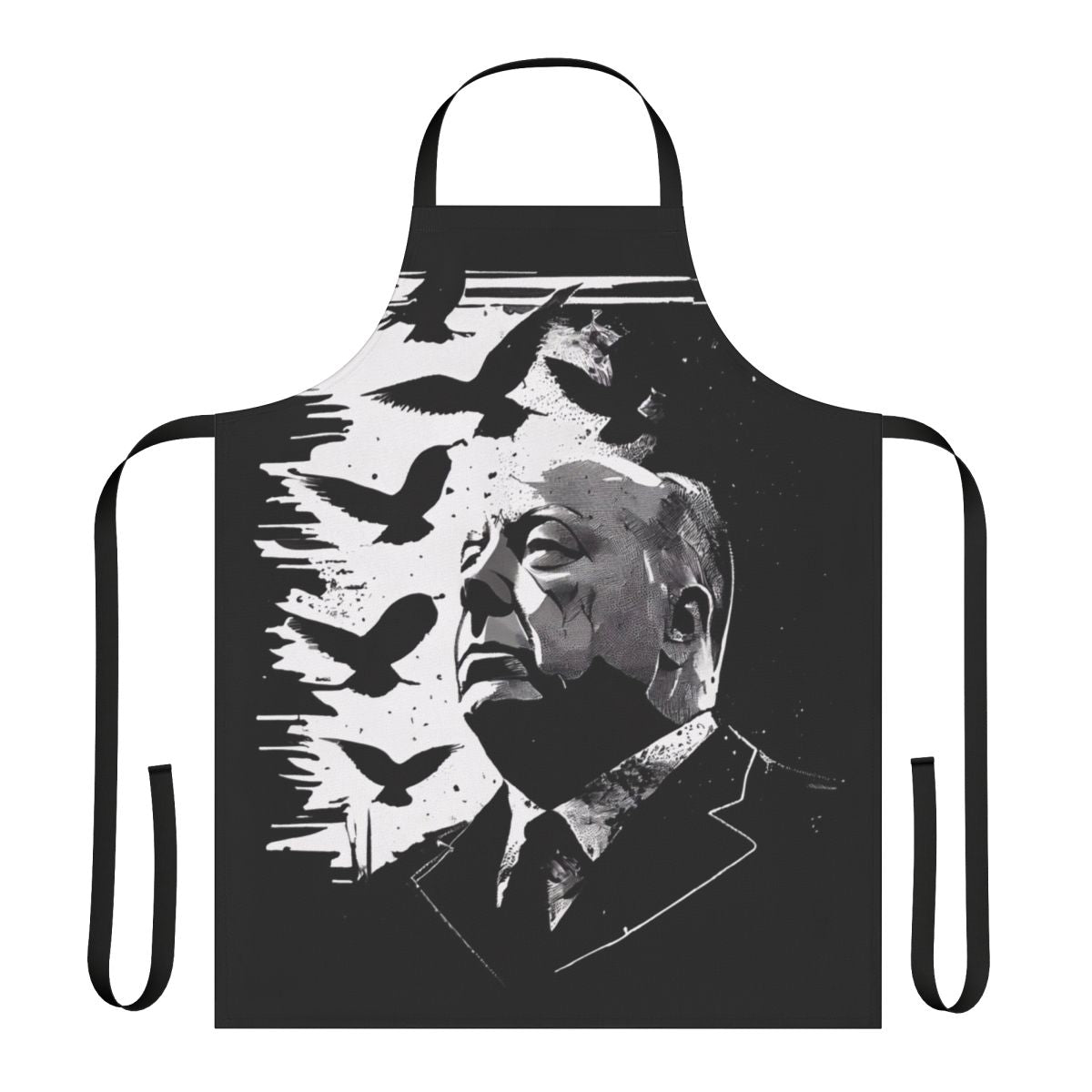 Apron featuring a stylized portrait of filmmaker Alfred Hitchcock, inspired by his classic film "The Birds"