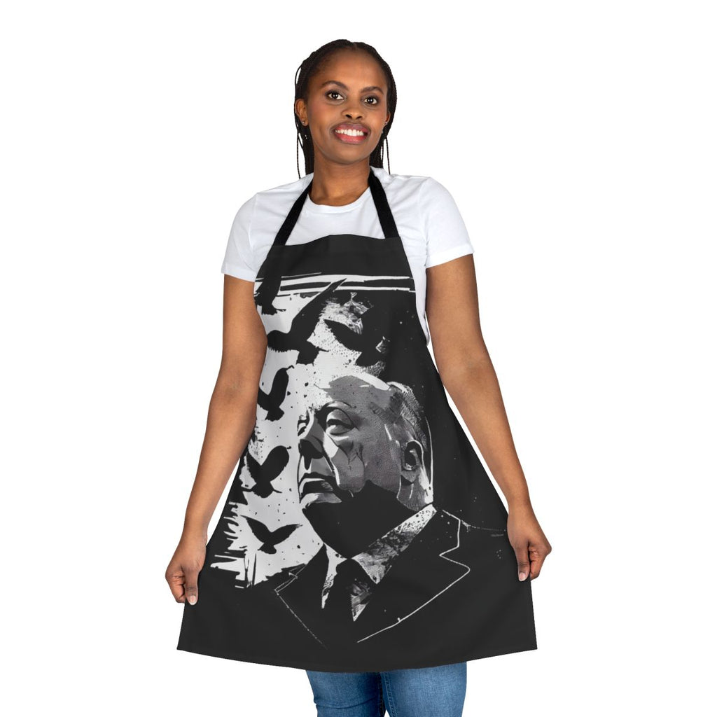Apron featuring a stylized portrait of filmmaker Alfred Hitchcock, inspired by his classic film "The Birds"