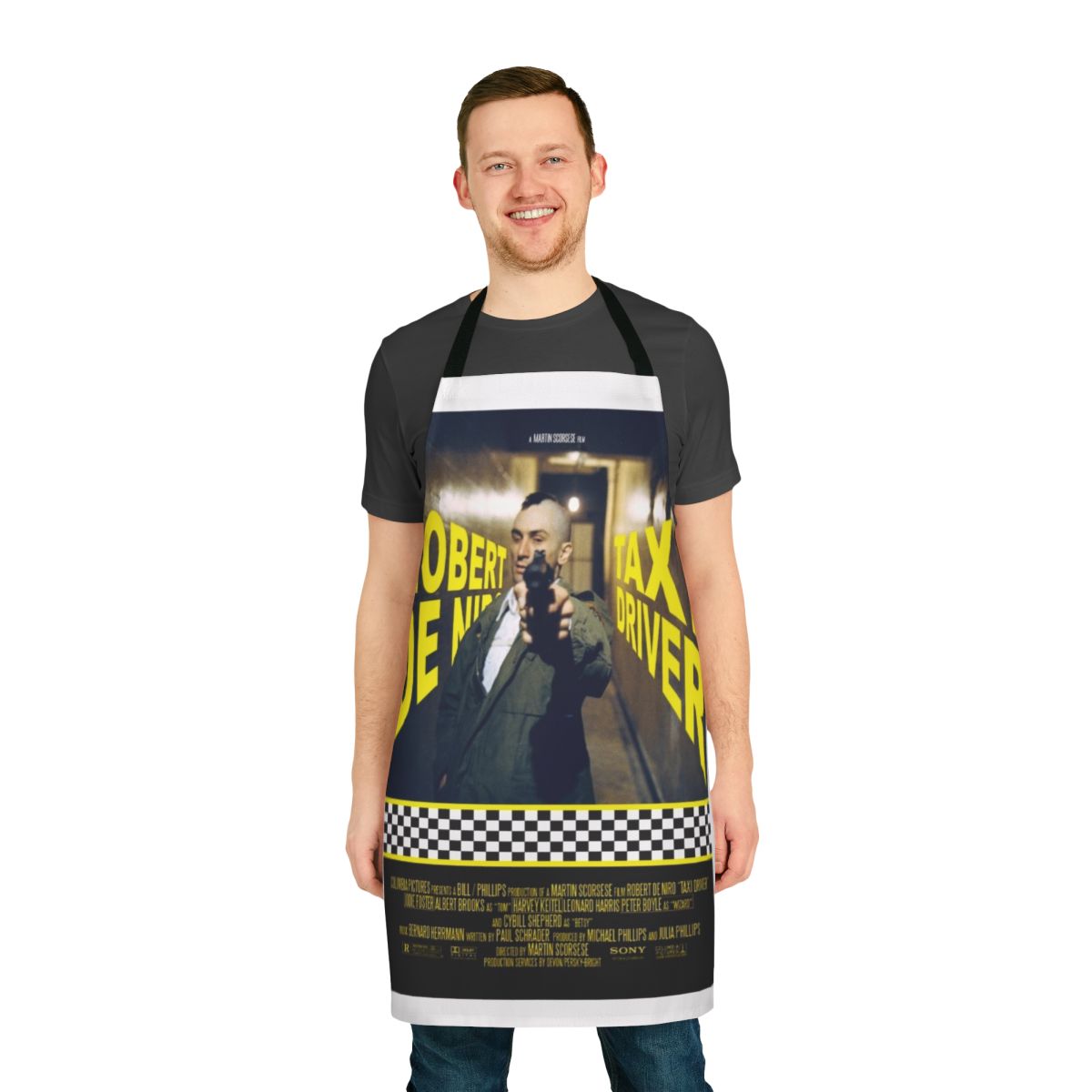 Stylized apron featuring the iconic "Taxi Driver" movie character Travis Bickle, played by Robert De Niro.