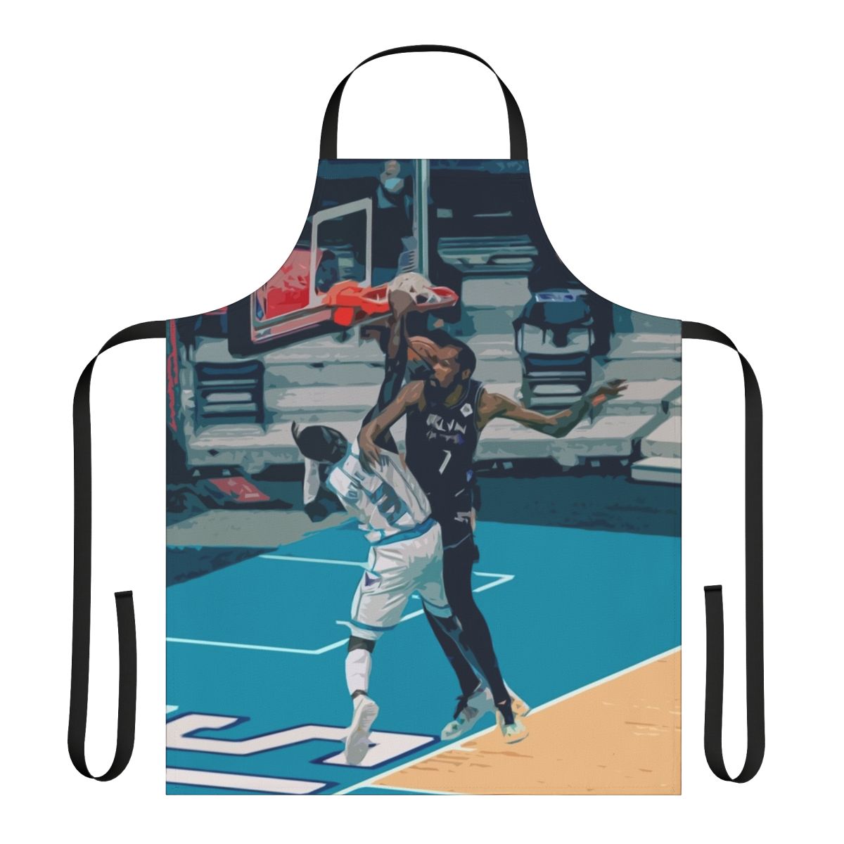 A basketball apron featuring an iconic dunk by Terry Rozier of the Charlotte Hornets over Brooklyn Nets player Kevin Durant.
