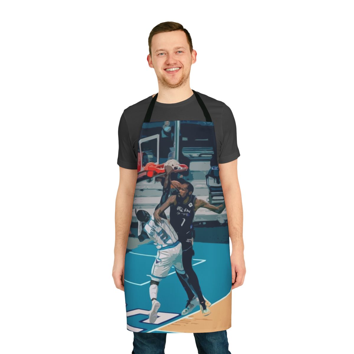 A basketball apron featuring an iconic dunk by Terry Rozier of the Charlotte Hornets over Brooklyn Nets player Kevin Durant.