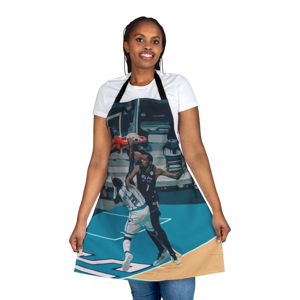 A basketball apron featuring an iconic dunk by Terry Rozier of the Charlotte Hornets over Brooklyn Nets player Kevin Durant.