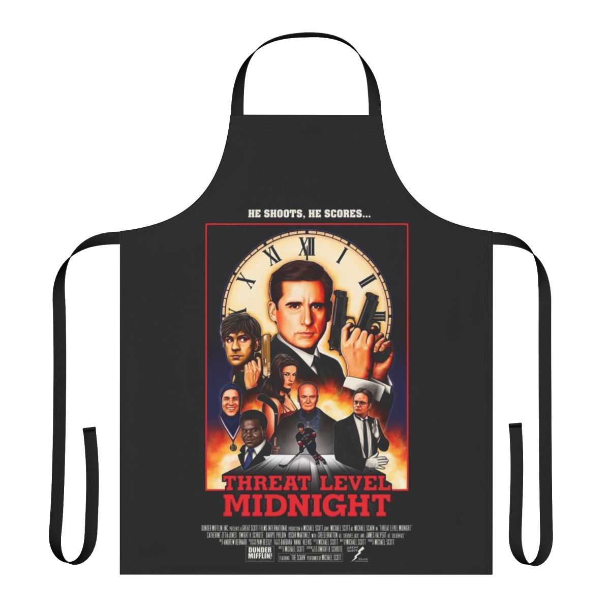 Apron featuring the "Threat Level Midnight" logo and characters from the popular TV show "The Office"