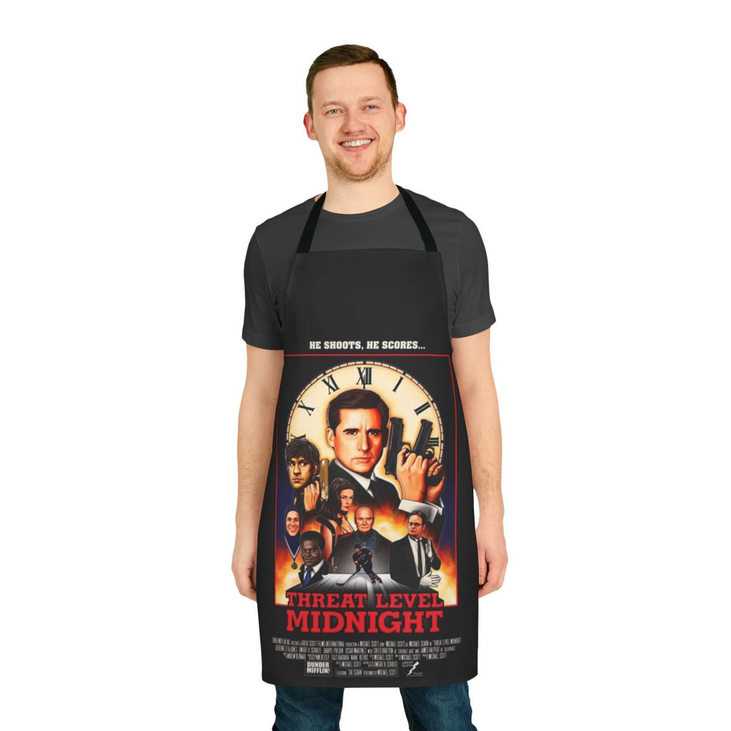Apron featuring the "Threat Level Midnight" logo and characters from the popular TV show "The Office"