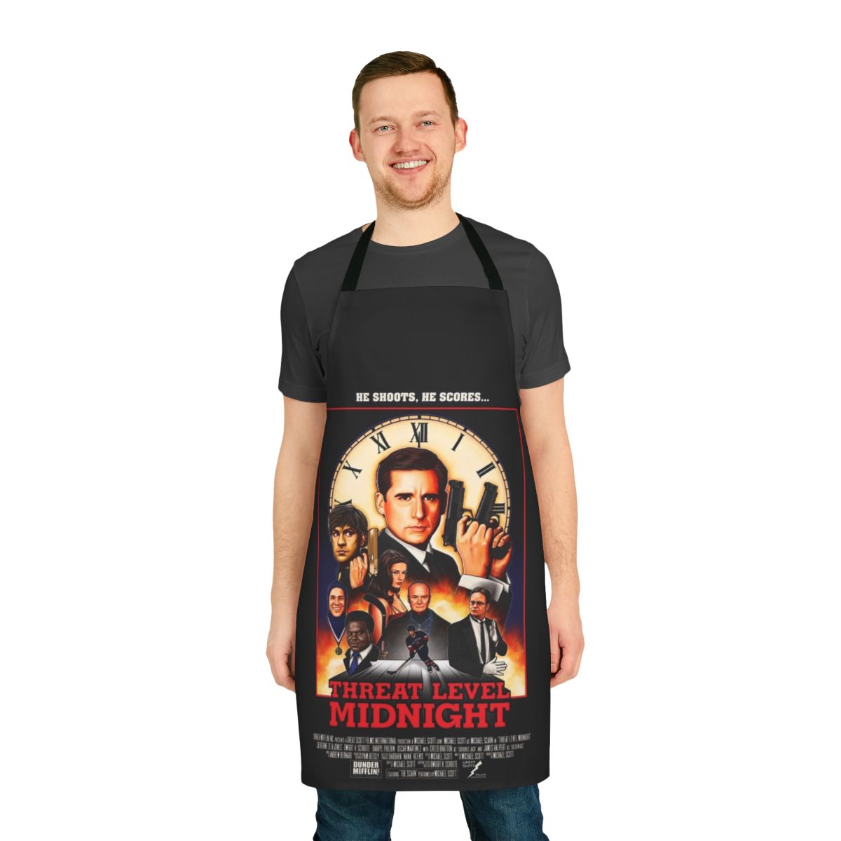 Apron featuring the "Threat Level Midnight" logo and characters from the popular TV show "The Office"