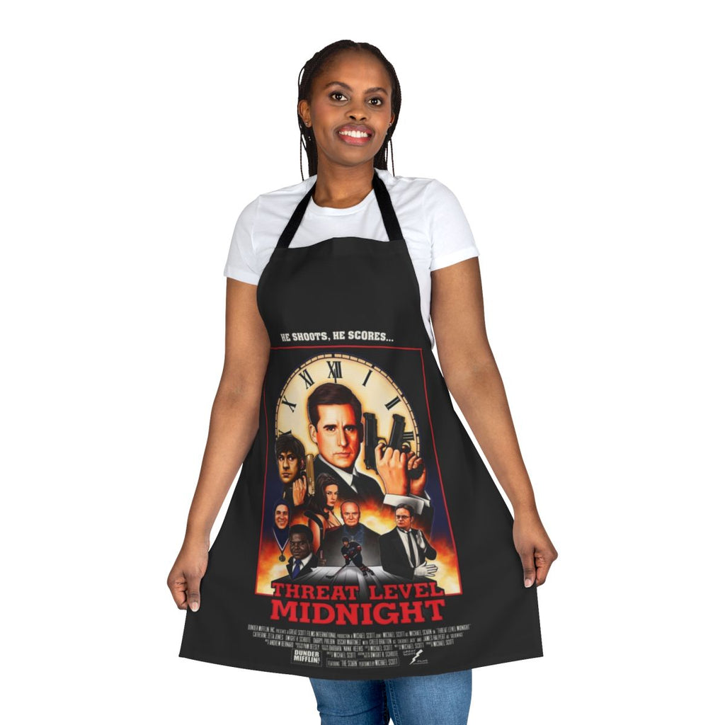 Apron featuring the "Threat Level Midnight" logo and characters from the popular TV show "The Office"