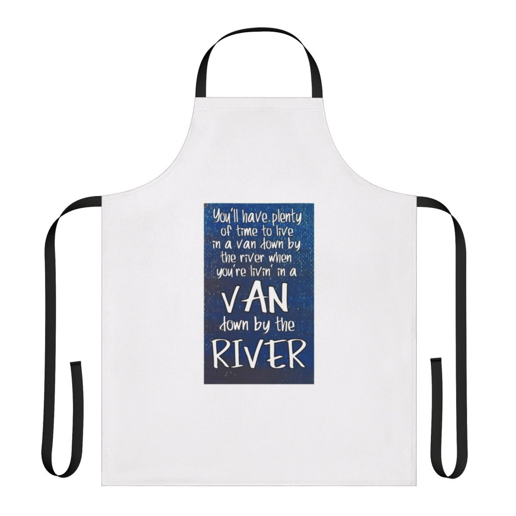 Apron featuring a design inspired by the iconic "Van Down By The River" sketch from Chris Farley's "Matt Foley" character.