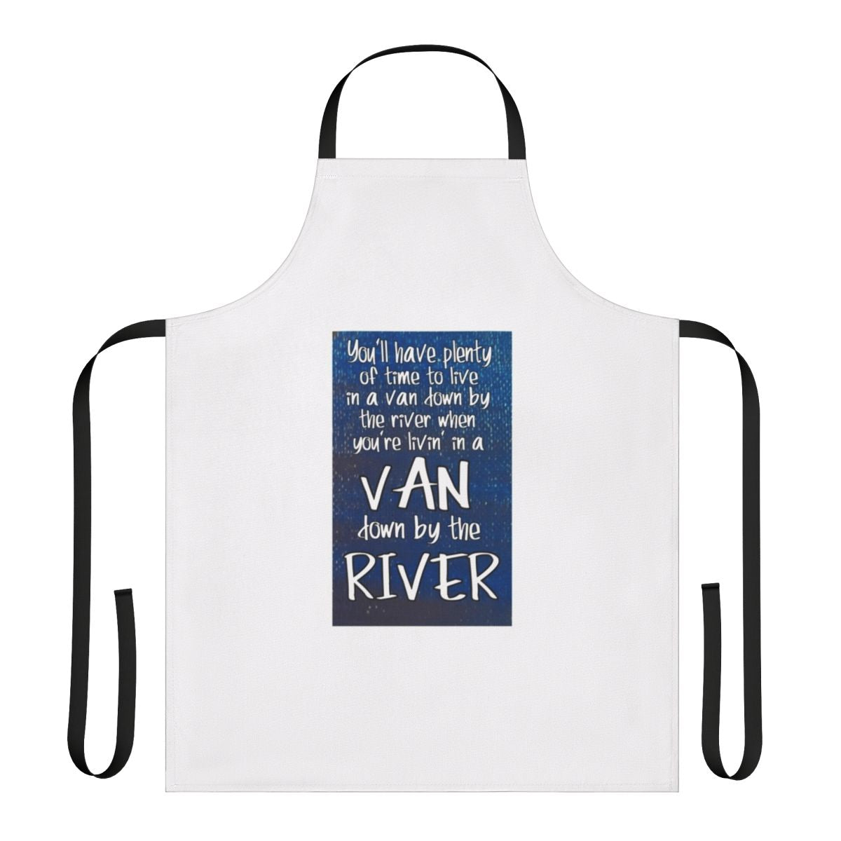 Apron featuring a design inspired by the iconic "Van Down By The River" sketch from Chris Farley's "Matt Foley" character.