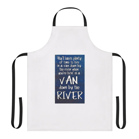 Apron featuring a design inspired by the iconic "Van Down By The River" sketch from Chris Farley's "Matt Foley" character.