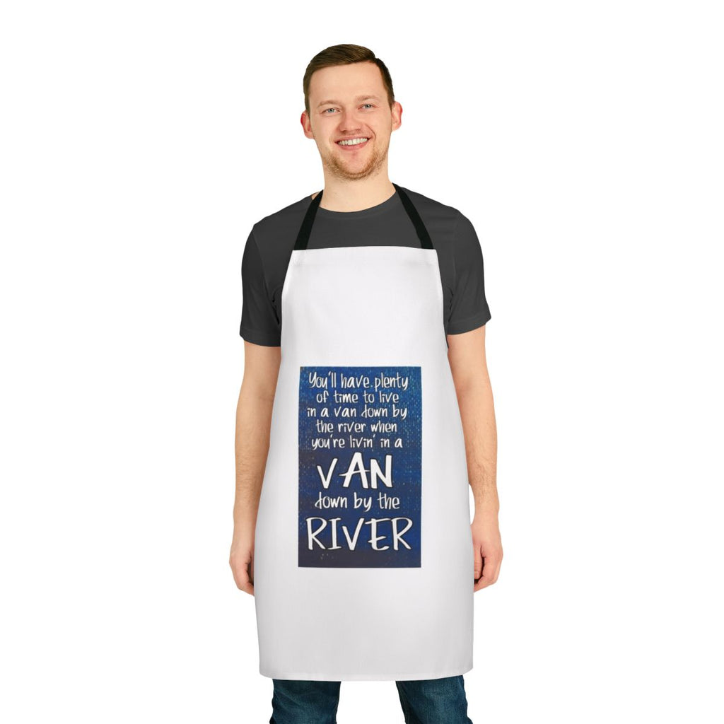 Apron featuring a design inspired by the iconic "Van Down By The River" sketch from Chris Farley's "Matt Foley" character.