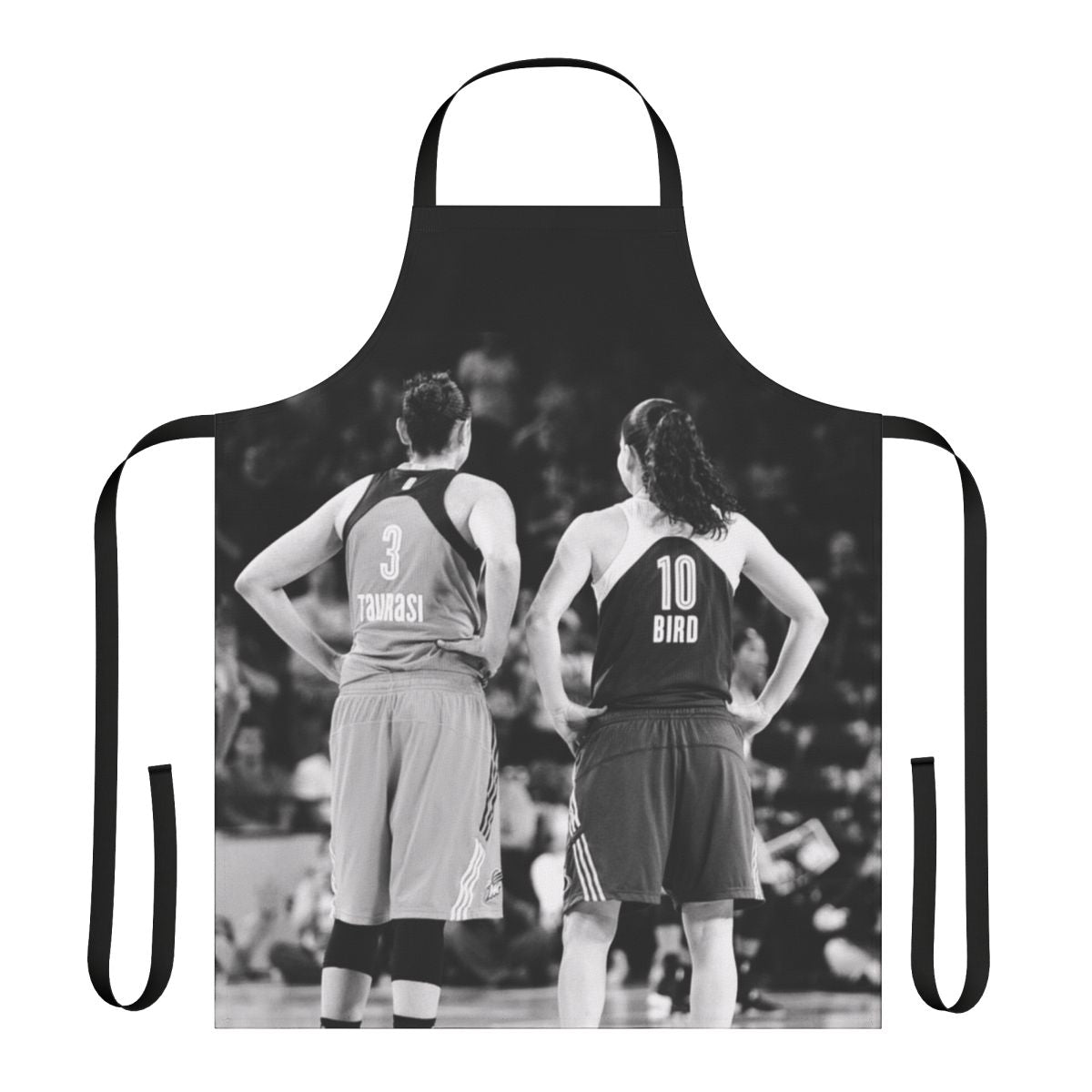 Black and white apron featuring WNBA legends Diana Taurasi and Sue Bird