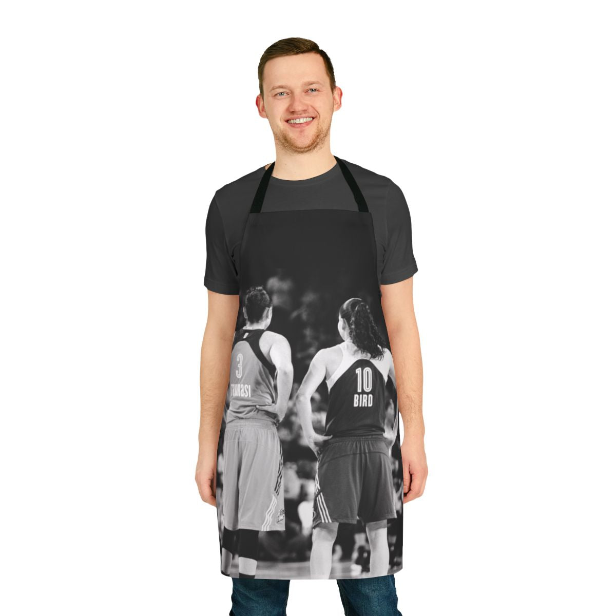 Black and white apron featuring WNBA legends Diana Taurasi and Sue Bird