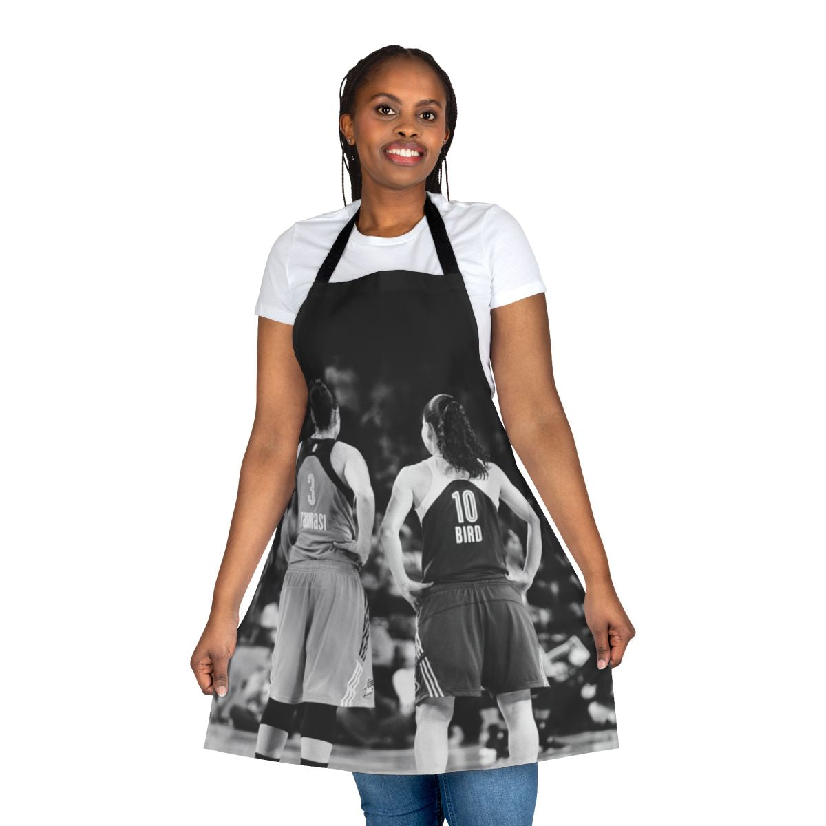 Black and white apron featuring WNBA legends Diana Taurasi and Sue Bird