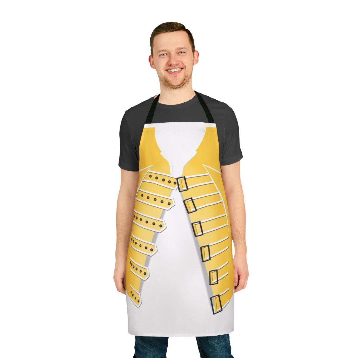 Stylized yellow jacket-inspired apron for Freddie Mercury and Queen fans