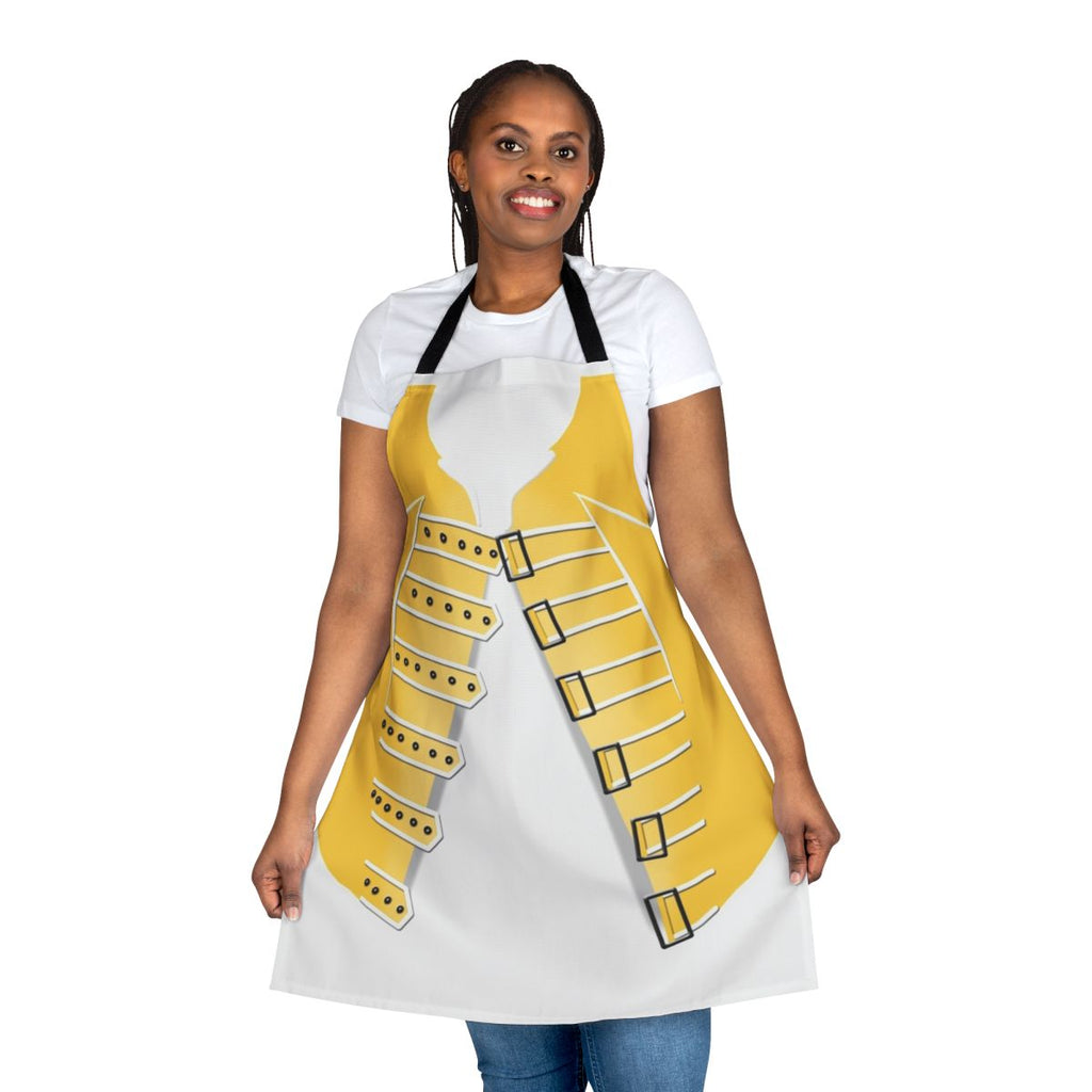 Stylized yellow jacket-inspired apron for Freddie Mercury and Queen fans