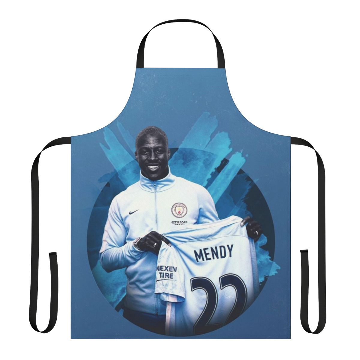 Illustrated apron featuring colorful watercolor and paint designs inspired by the artwork of Benjamin Mendy