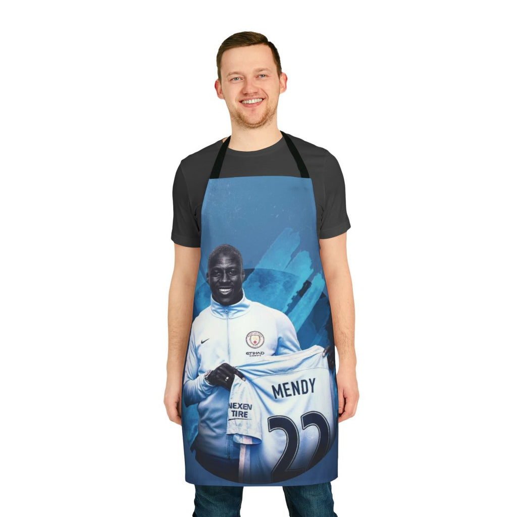Illustrated apron featuring colorful watercolor and paint designs inspired by the artwork of Benjamin Mendy