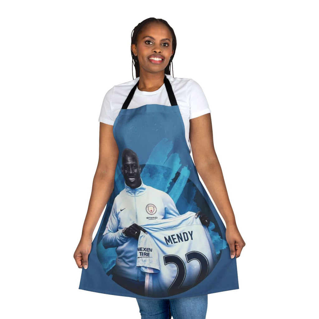 Illustrated apron featuring colorful watercolor and paint designs inspired by the artwork of Benjamin Mendy