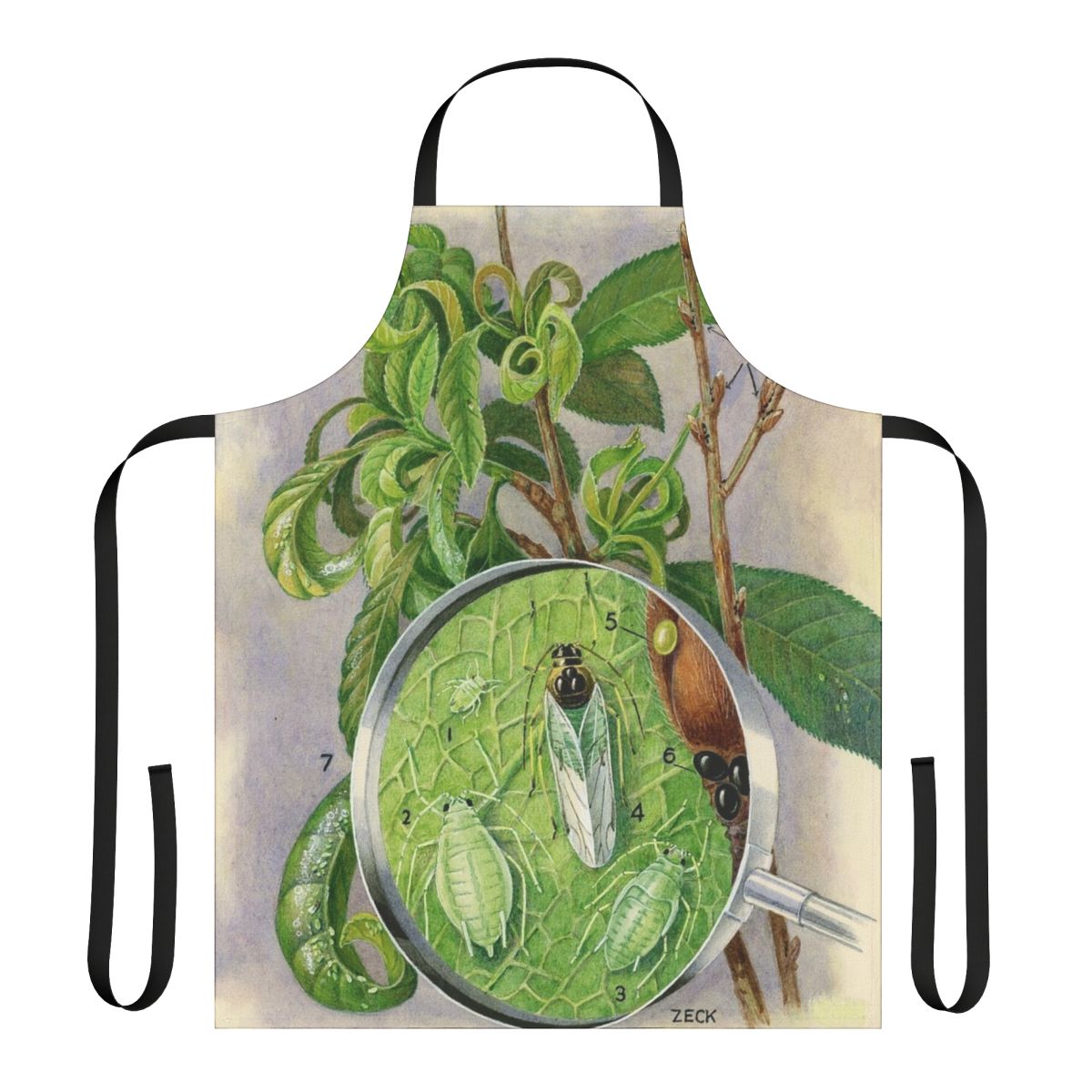 Illustration of a green peach aphid, a common plant pest, on an apron