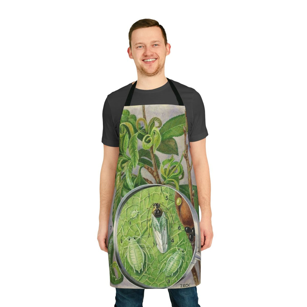 Illustration of a green peach aphid, a common plant pest, on an apron