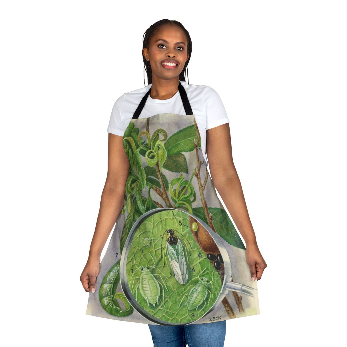 Illustration of a green peach aphid, a common plant pest, on an apron