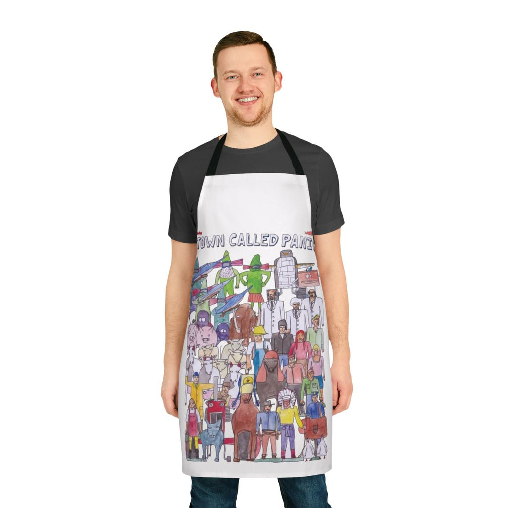Colorful illustration of characters from the French stop motion animation film "A Town Called Panic" printed on a high-quality apron.