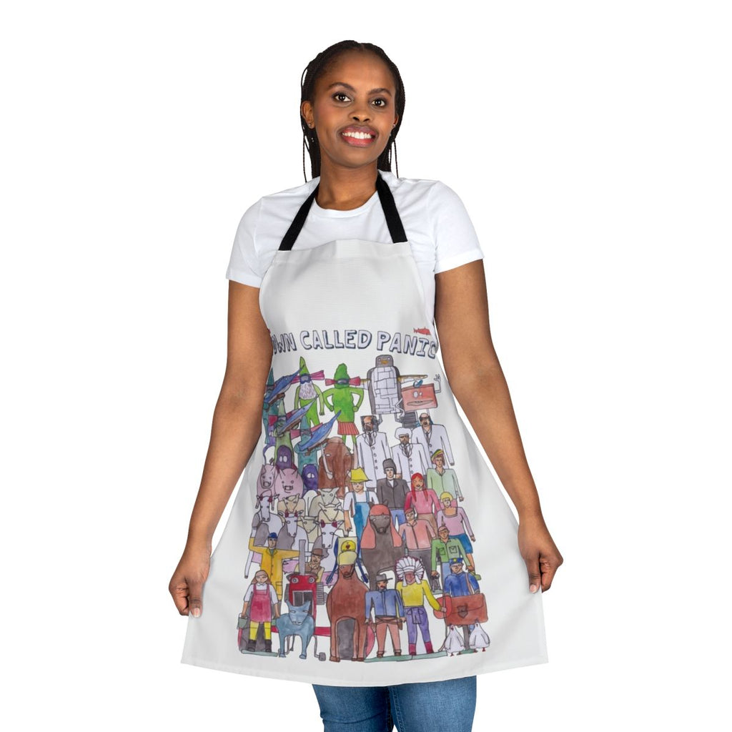 Colorful illustration of characters from the French stop motion animation film "A Town Called Panic" printed on a high-quality apron.