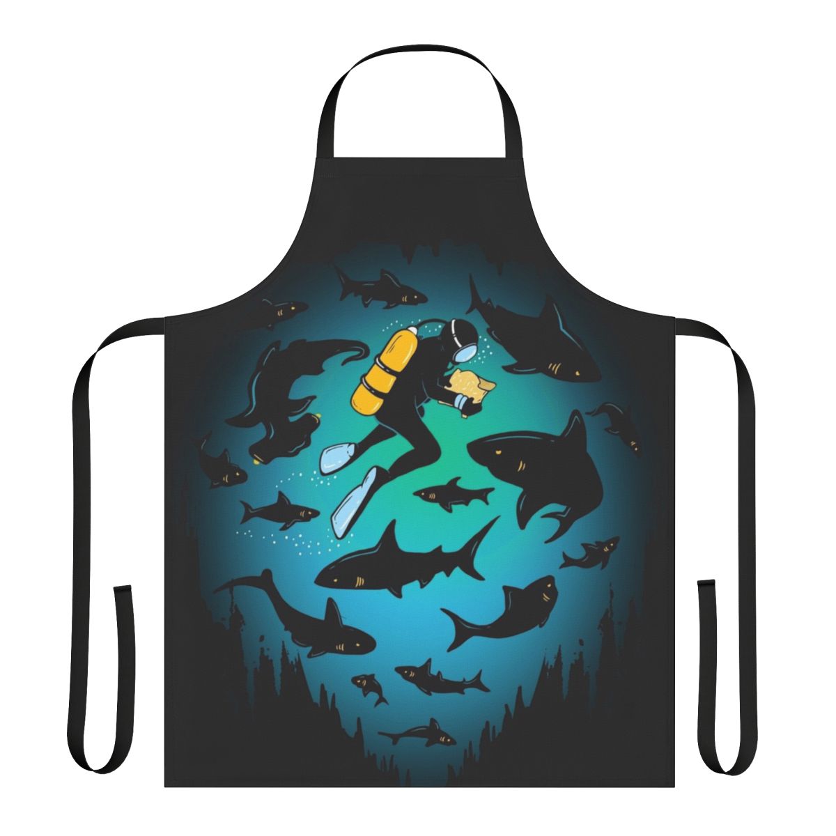 Colorful apron featuring an illustrated design of a shark and scuba diver underwater.