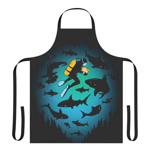 Colorful apron featuring an illustrated design of a shark and scuba diver underwater.