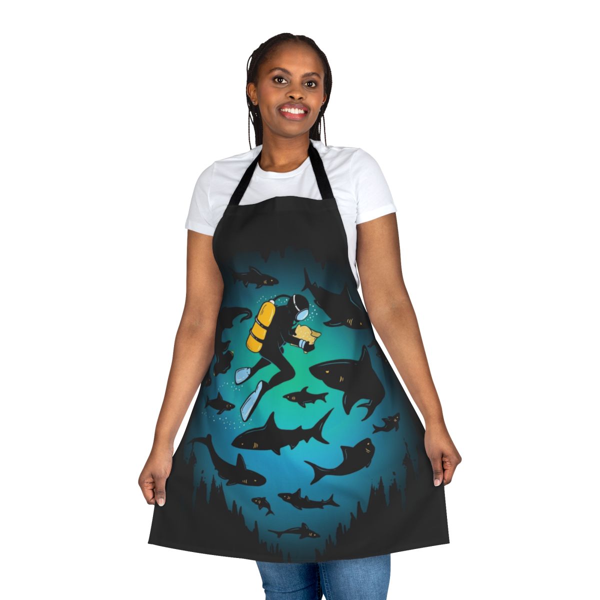 Colorful apron featuring an illustrated design of a shark and scuba diver underwater.