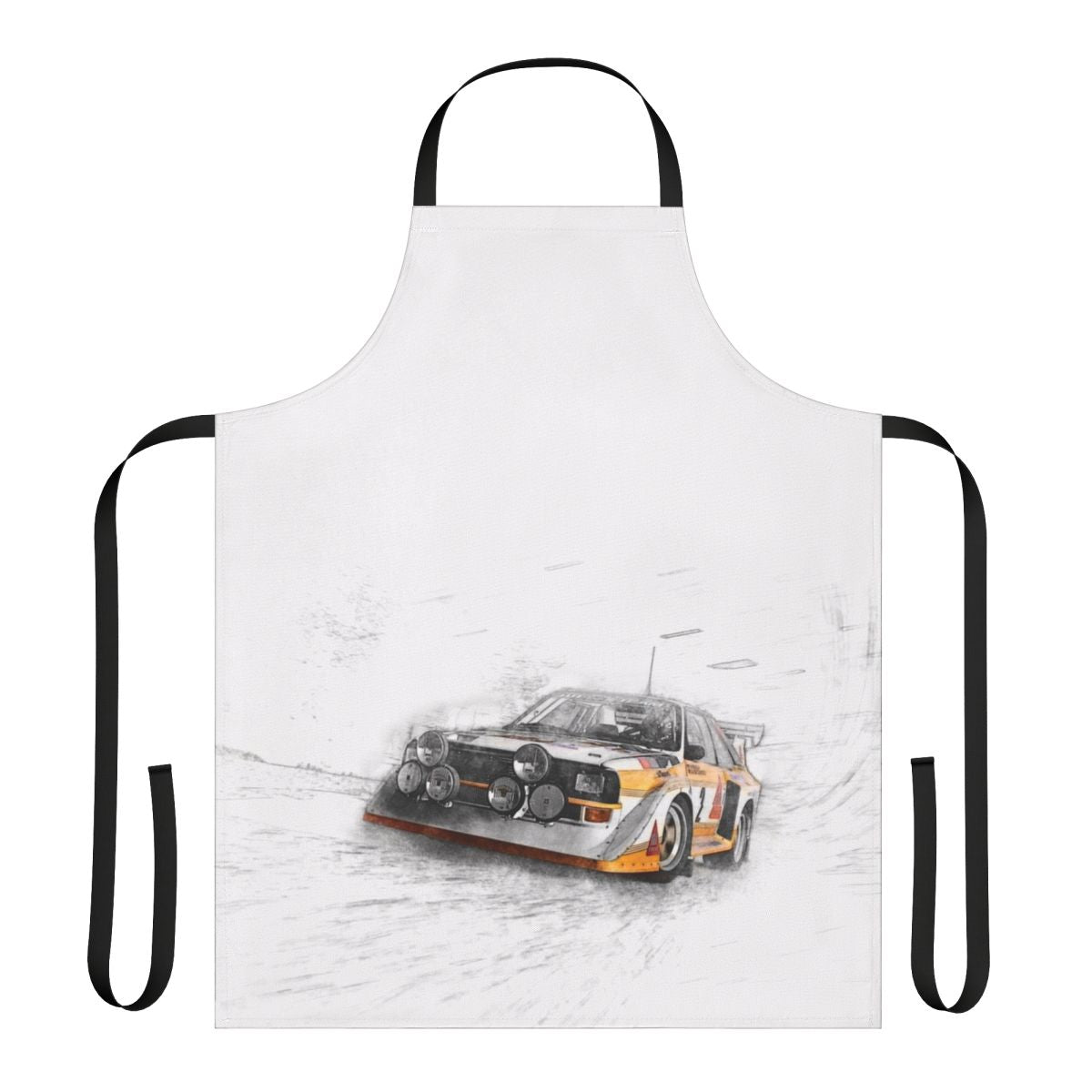 Illustration of a rally car on a durable, high-quality apron