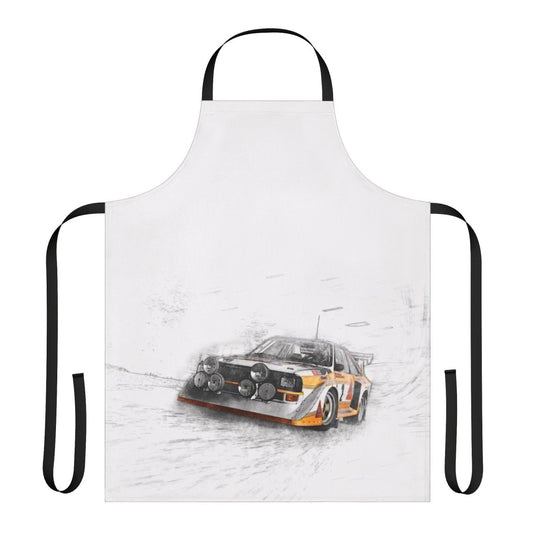 Illustration of a rally car on a durable, high-quality apron