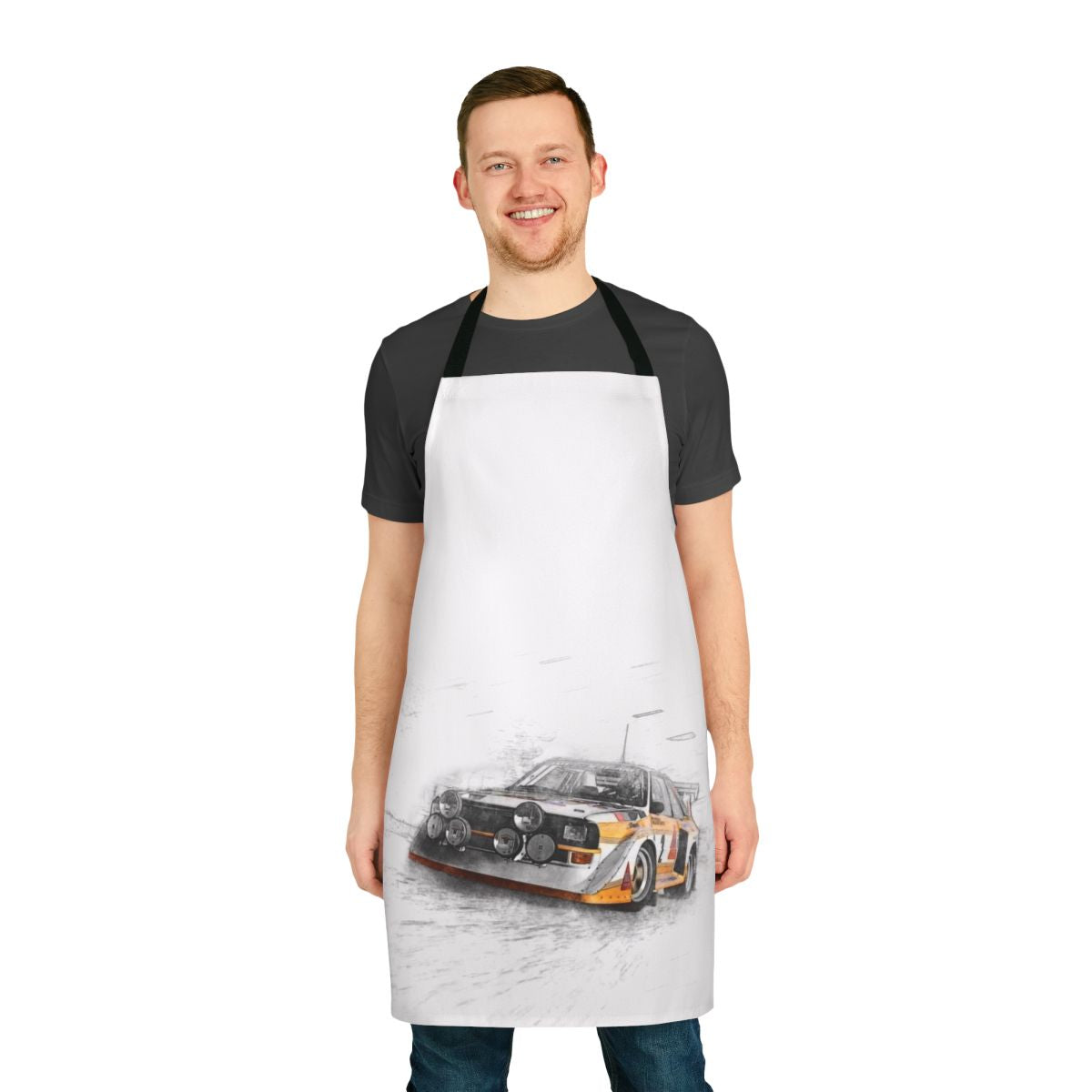 Illustration of a rally car on a durable, high-quality apron