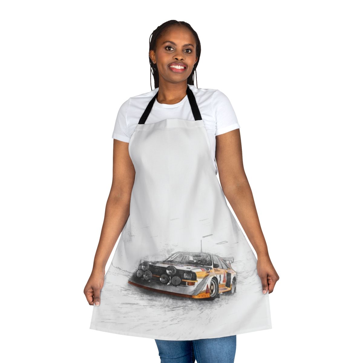 Illustration of a rally car on a durable, high-quality apron