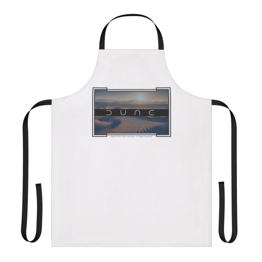 Dune-inspired desert apron featuring a minimalist white background and sci-fi elements