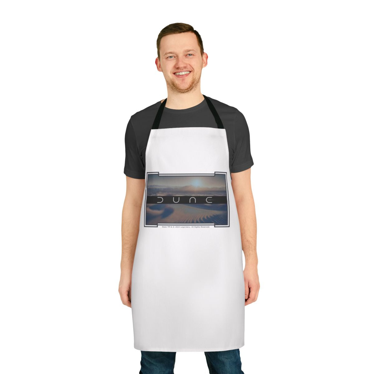 Dune-inspired desert apron featuring a minimalist white background and sci-fi elements