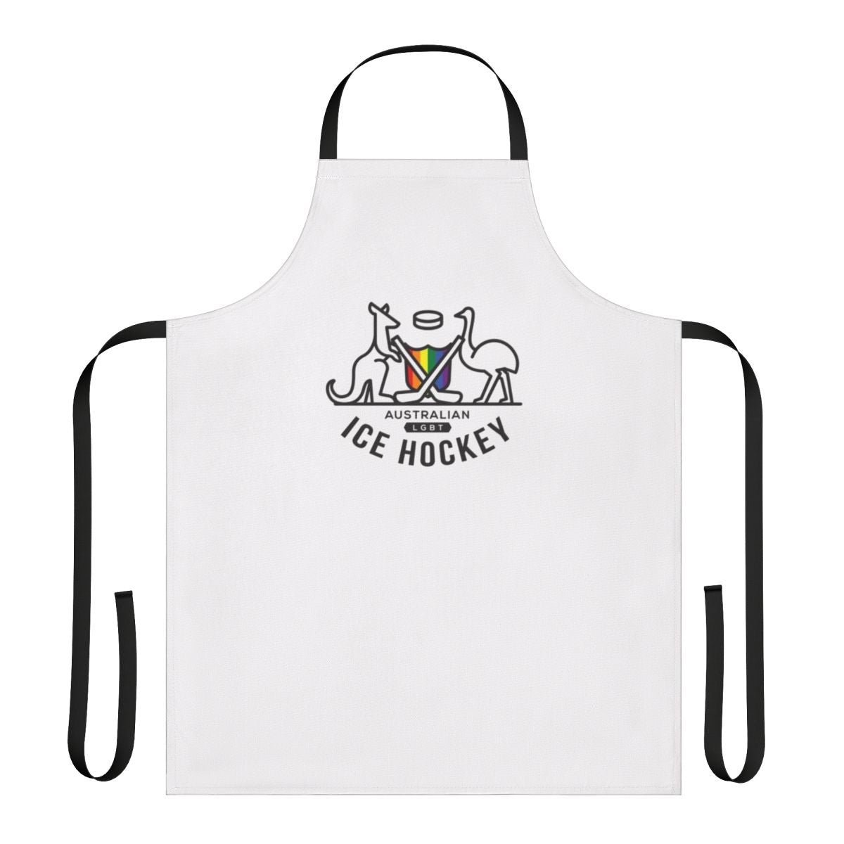 Colorful apron featuring the LGBTQ+ pride flag design, perfect for Australian ice hockey enthusiasts.