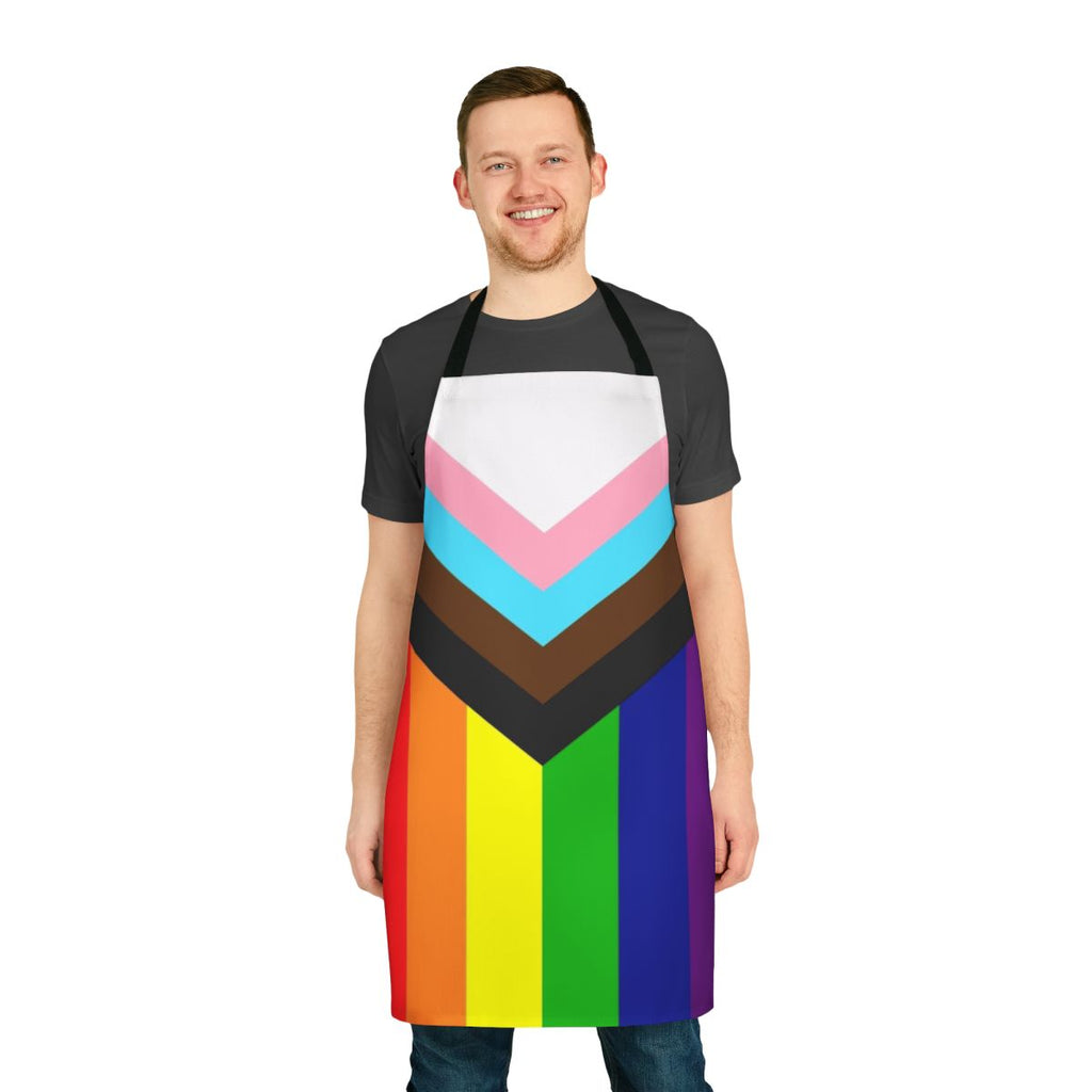 Colorful pride apron with progressive rainbow flag design, promoting LGBTQ+ inclusiveness.