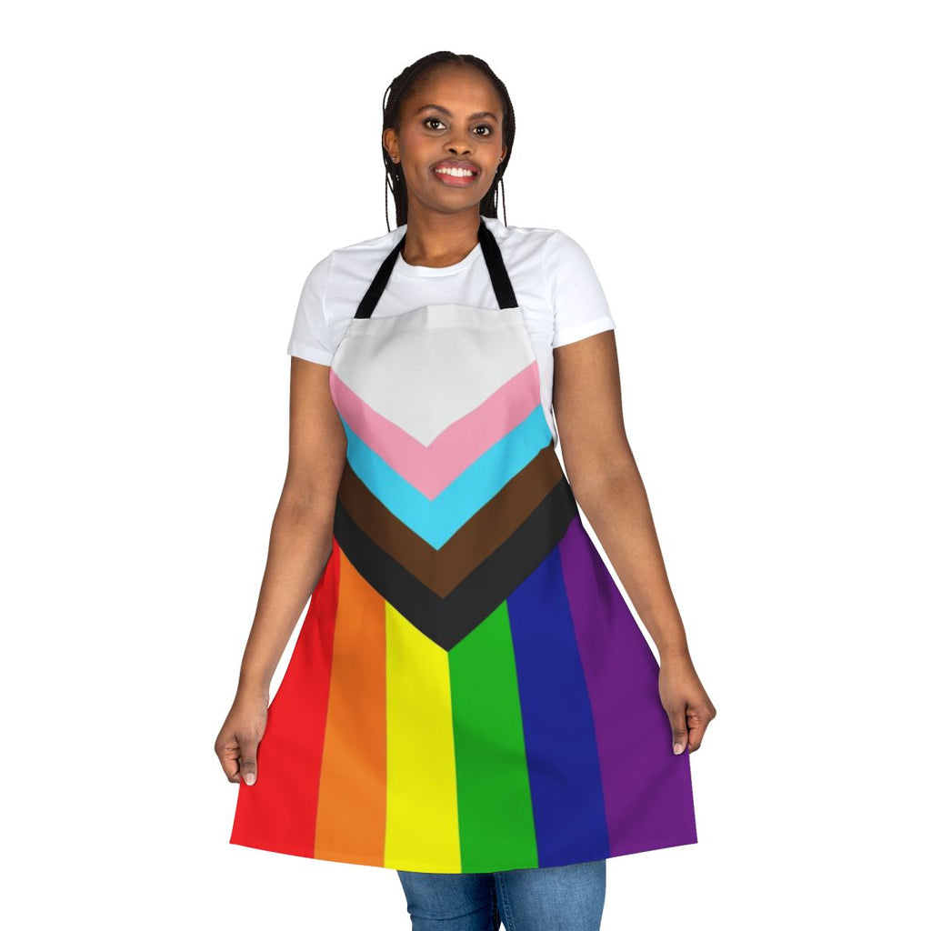 Colorful pride apron with progressive rainbow flag design, promoting LGBTQ+ inclusiveness.