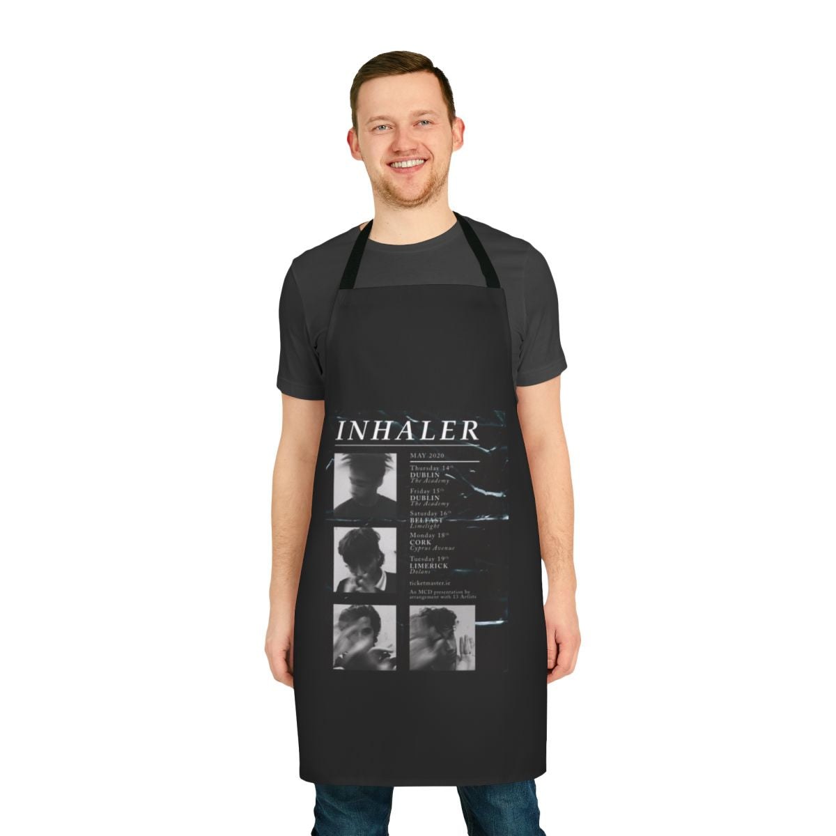 Apron featuring the indie band Inhaler's logo and song titles