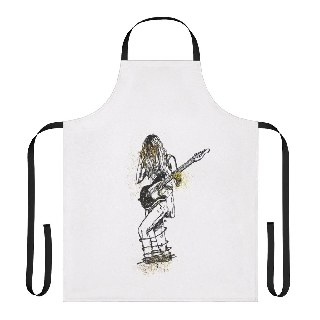 An apron featuring a sketch-style illustration of a girl playing a guitar, with glitter and indie rock elements.