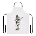 An apron featuring a sketch-style illustration of a girl playing a guitar, with glitter and indie rock elements.