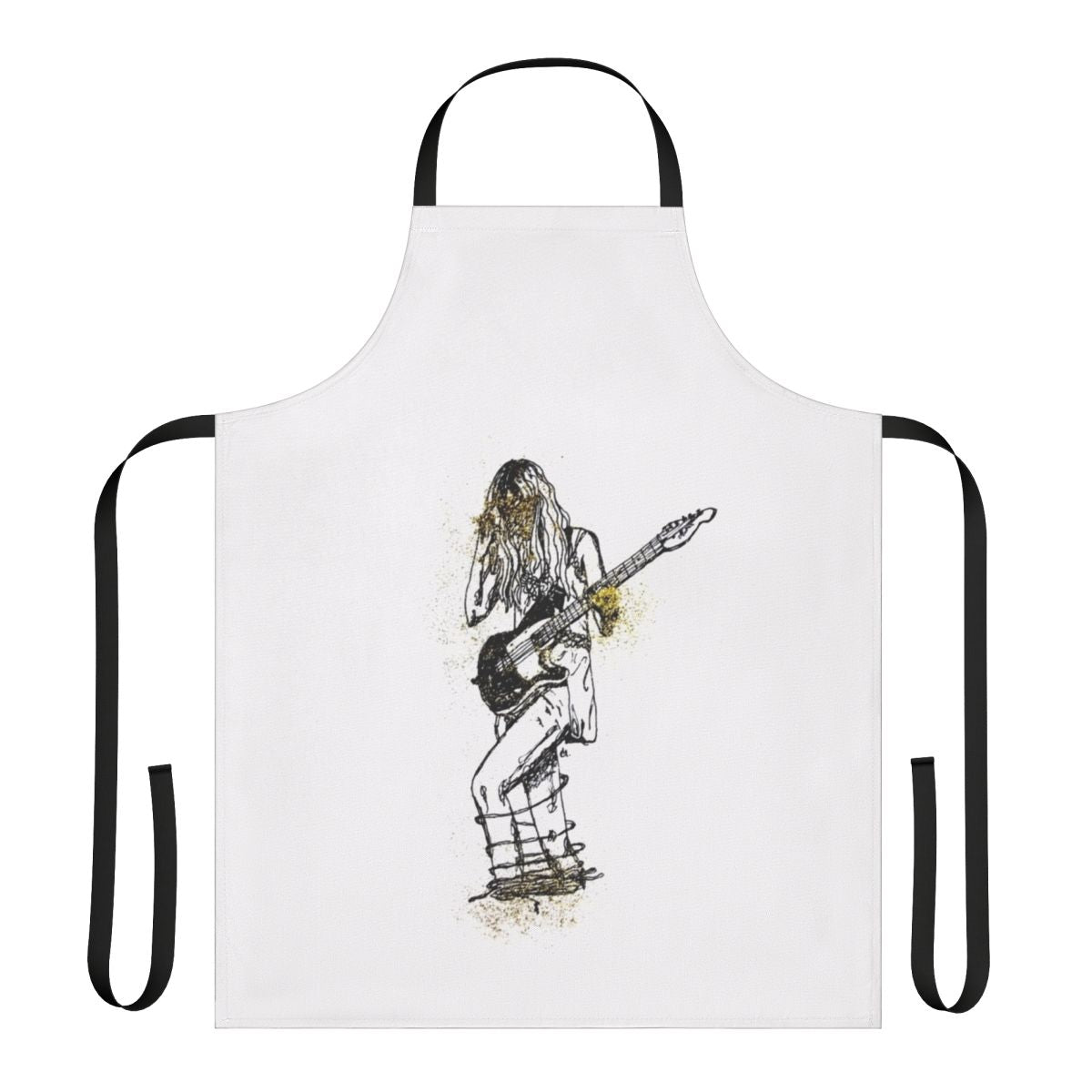 An apron featuring a sketch-style illustration of a girl playing a guitar, with glitter and indie rock elements.