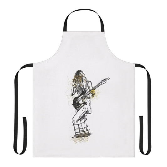 An apron featuring a sketch-style illustration of a girl playing a guitar, with glitter and indie rock elements.