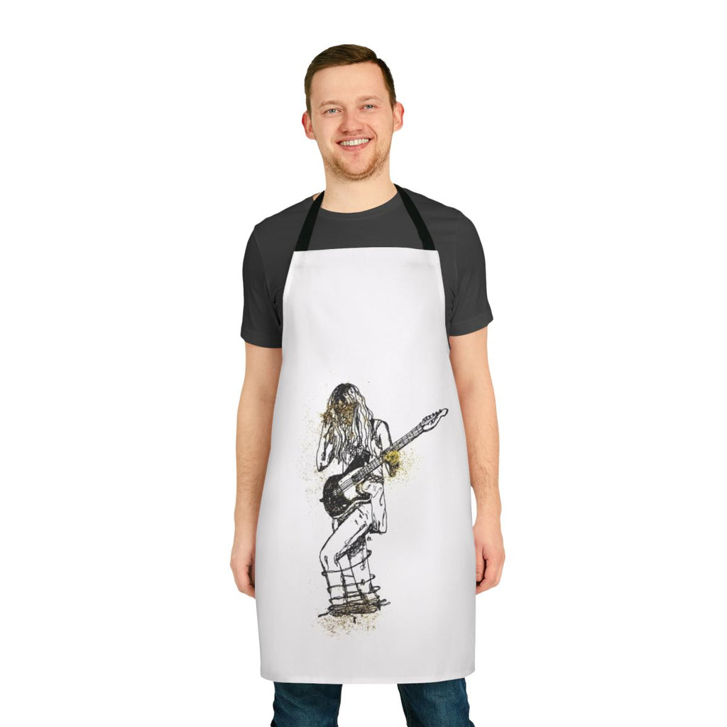 An apron featuring a sketch-style illustration of a girl playing a guitar, with glitter and indie rock elements.