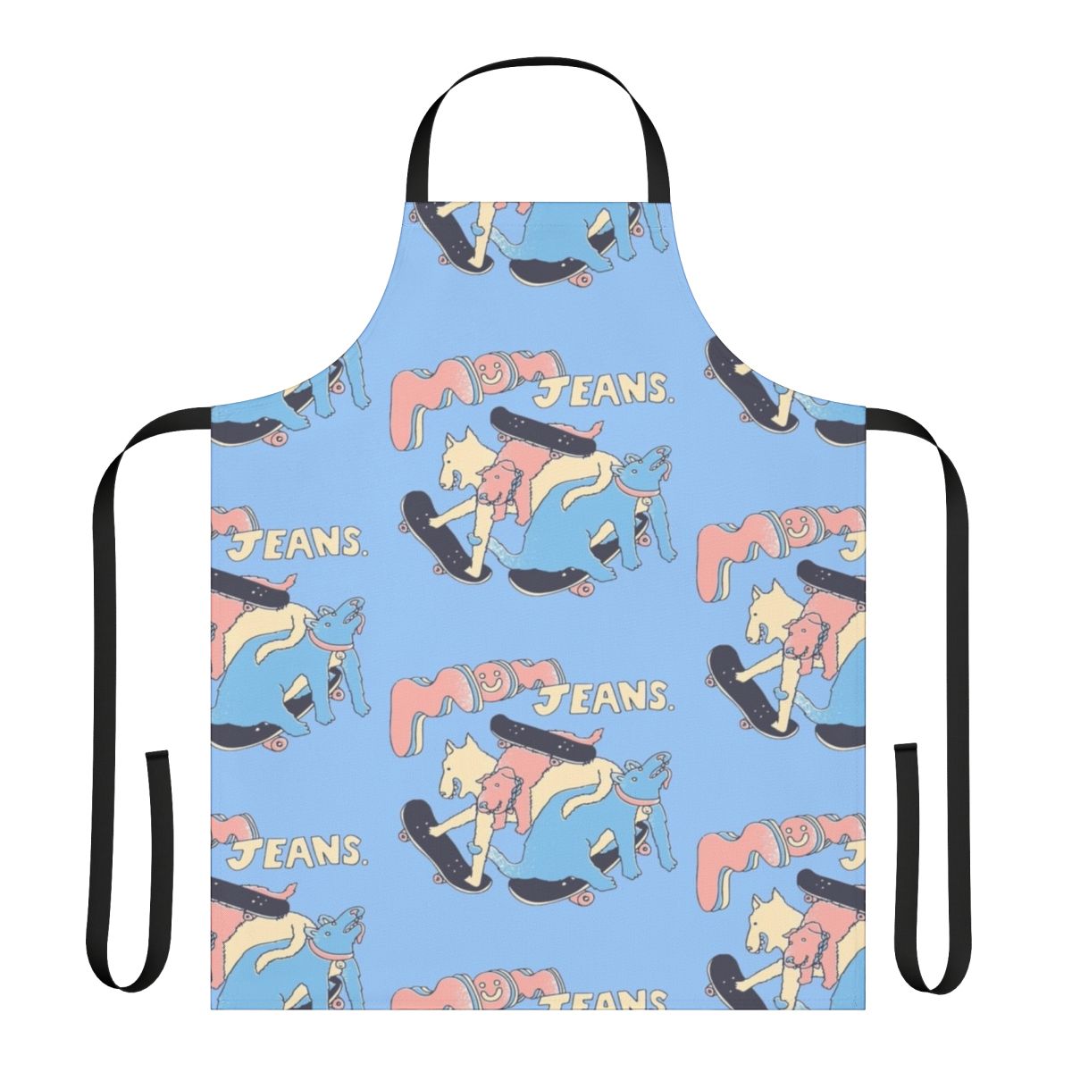 Colorful apron featuring a dog design, inspired by indie music bands like Mom Jeans.