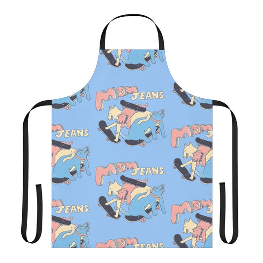 Colorful apron featuring a dog design, inspired by indie music bands like Mom Jeans.