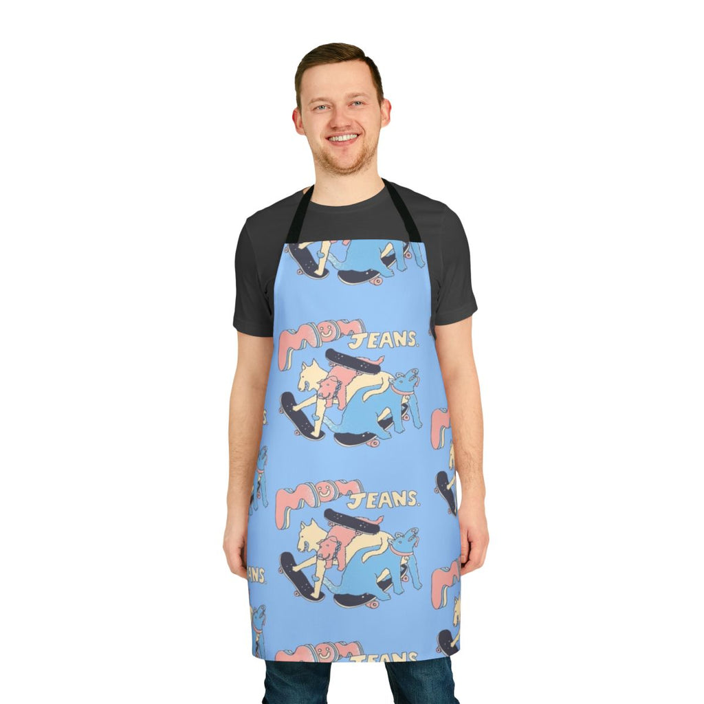 Colorful apron featuring a dog design, inspired by indie music bands like Mom Jeans.