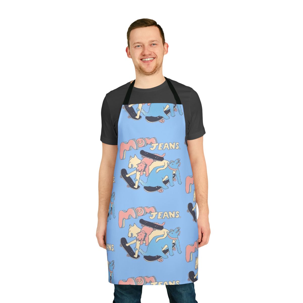 Colorful apron featuring a dog design, inspired by indie music bands like Mom Jeans.