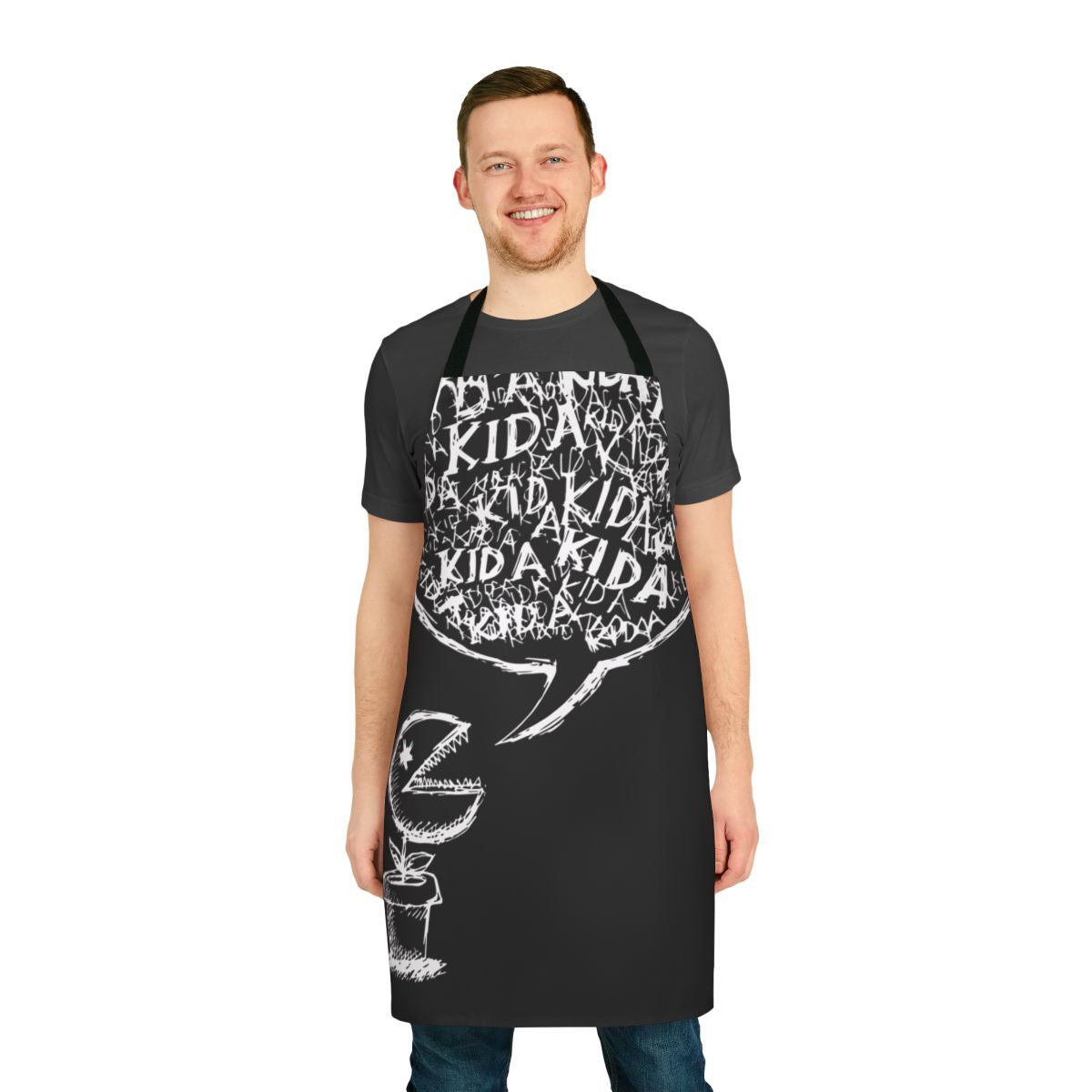 An apron featuring the inverted album cover art of Radiohead's "Kid A" album.